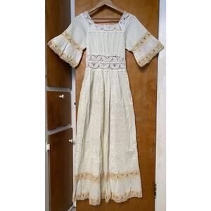 Vintage 60s Mexican Wedding Dress Angel Sleeve Crochet Tiered Maxi Bohemian XS S